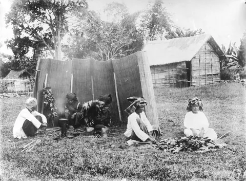 Foto arsip Tropenmuseum: daun kopi disangrai di atas api kecil untuk kopi daun di pesisir barat Sumatra